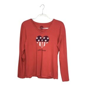 Life is Good Crusher Tee Women's M Long Sleeve V- Neck Heart Flag 100% Cotton